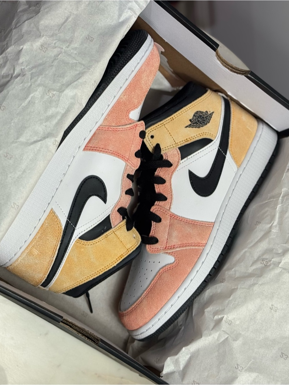 Nike Air Jordan 1 Low Pink, Yellow & Black Suede Sneakers